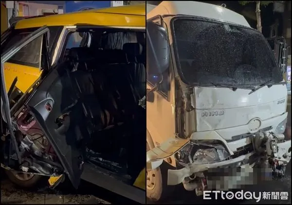 ▲▼新莊凌晨車禍，灑水車撞計程車。（圖／記者陳以昇翻攝）