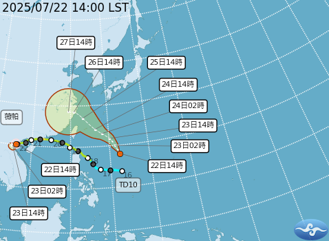 ▲▼熱帶性低氣壓TD10今天下午生成。（圖／氣象署）