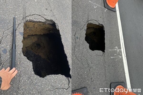 ▲▼京華城基地前路面塌陷，警方到場警戒中。（圖／記者張君豪翻攝）