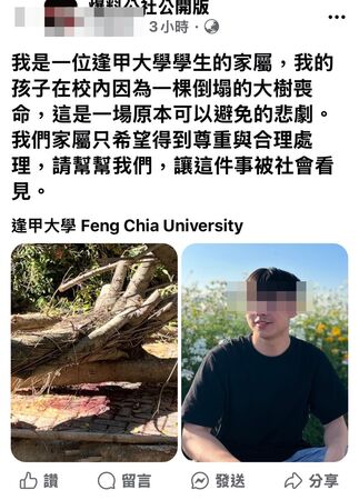 ▲▼台中逢甲校園榕樹壓死無辜碩士生，母親泣訴，校方用公共意外結案。（圖／翻自爆料公社）