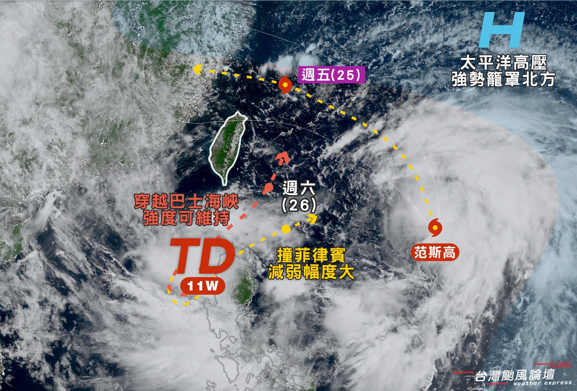 ▲▼颱風「范斯高」與新的熱帶低壓交互作用。（圖／取自粉專「台灣颱風論壇｜天氣特急」）