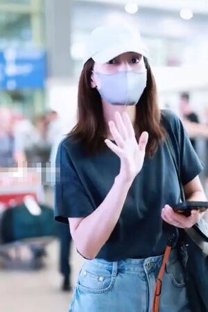 高圓圓攜女外遊返國，輕裝素顏的她只穿件T恤牛仔褲依舊不失女神氣場。（微博圖片）