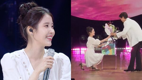 外送稿用　▲IU單膝下跪獻花給朴寶劍。（圖／翻攝自X／imbcenews、heyattidude）