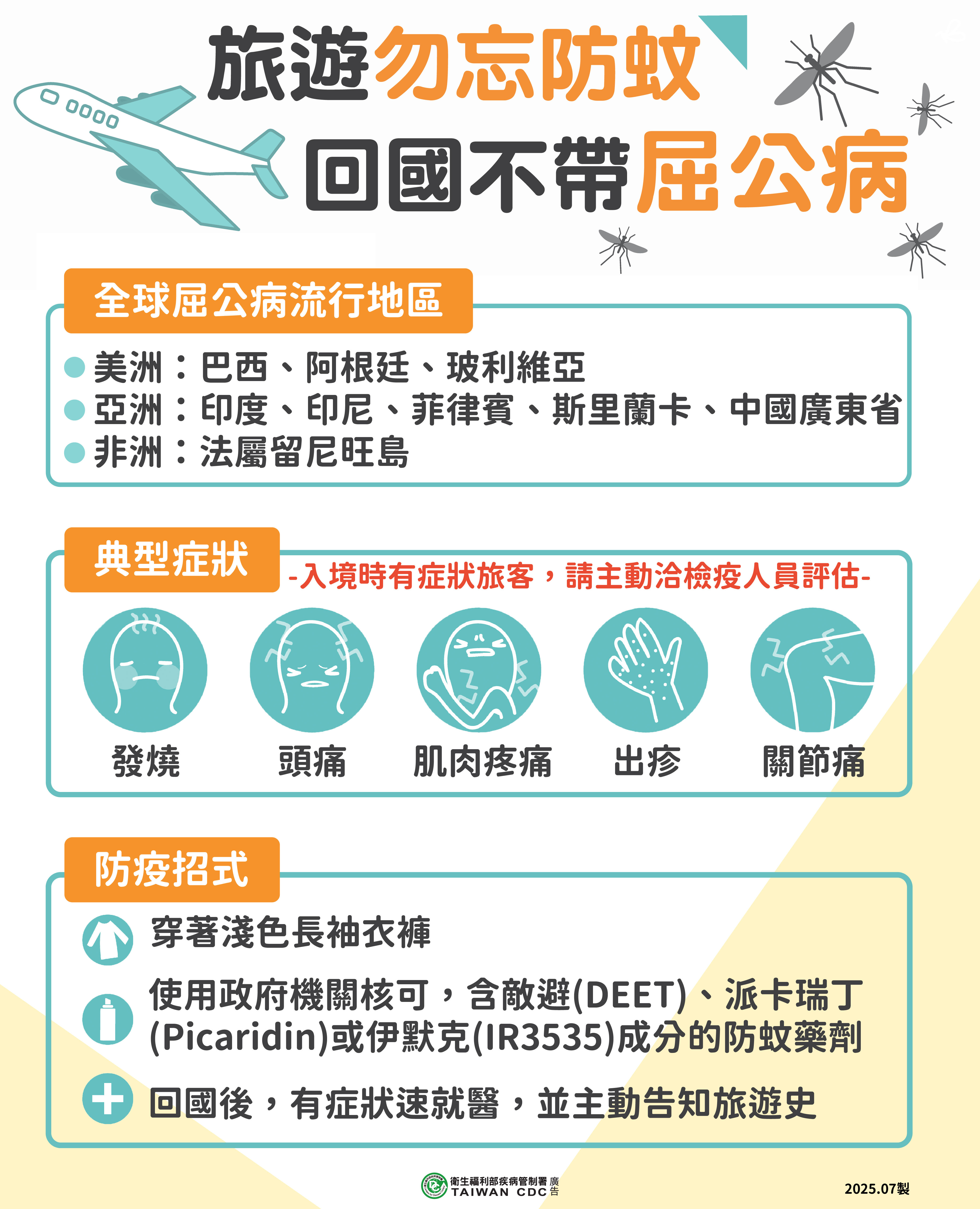 ▲▼旅遊勿忘防蚊，回國不帶屈公病。（圖／疾管署提供）