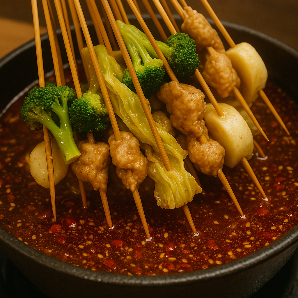 ▲「串串香」是一種流行於中國的街頭小吃，將各式食材串在竹籤上後放入香辣滾燙的鍋底中煮食，湯頭多半重油重鹹，辣味十足。（圖／AI製圖）