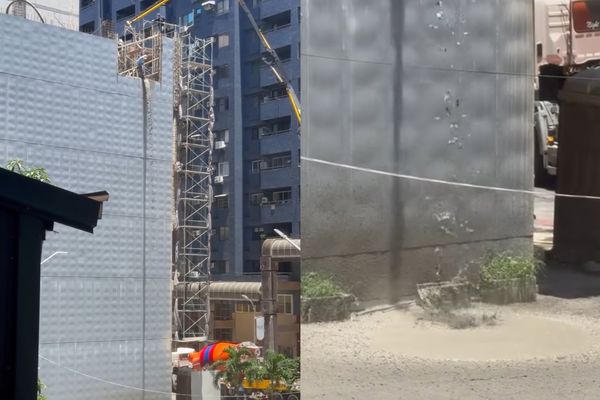 ▲▼高雄工地灌漿出包！水泥瀑布「高空猛洩」　狂灌停車場畫面曝光。（圖／翻攝Threads ／pusonkuo769）