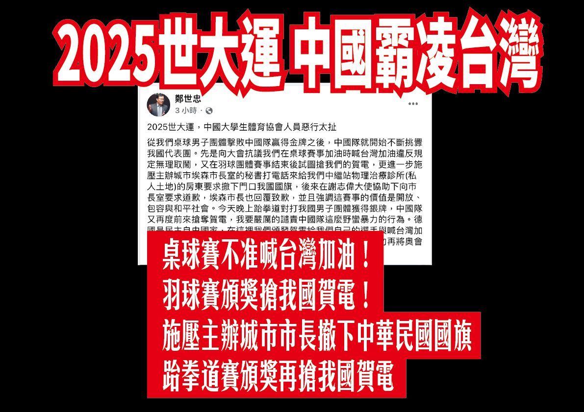 賴清德：嚴厲譴責中國搶世大運台灣賀電　違背運動家精神令人遺憾