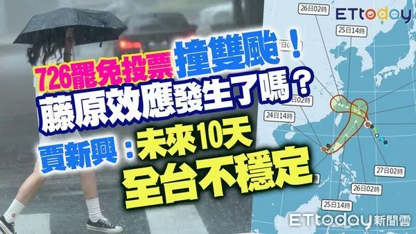 ▲氣象專家賈新興說明雙颱對台影響，及726罷免投票天氣預估 。（圖／合成圖）