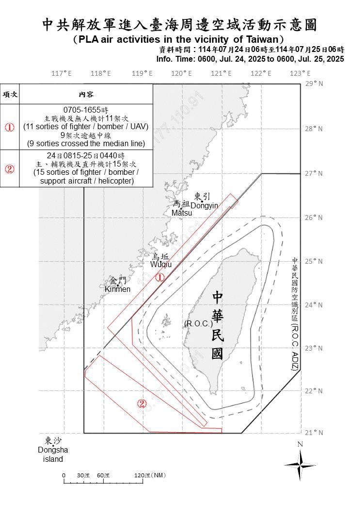 ▲▼國防部公布中共解放軍24日清晨至25日清晨的軍事動態。（圖／國防部提供）