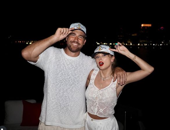 崔維斯凱爾西（左）公佈多張與女友泰勒絲（右）的生活照。（翻攝自Travis Kelce官方Instagram）