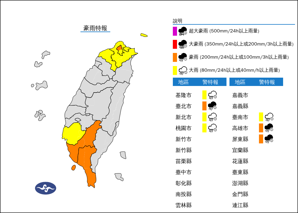▲▼強風特報、豪大雨特報。（圖／中央氣象署）