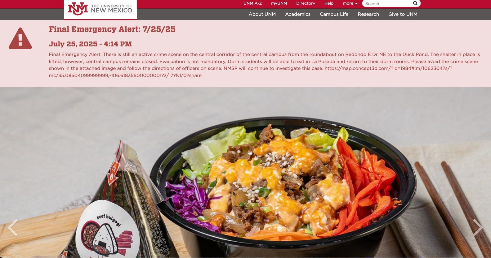 ▲▼新墨西哥大學（University of New Mexico）官網發佈槍擊事件消息。（圖／翻攝新墨西哥大學（University of New Mexico）官網）