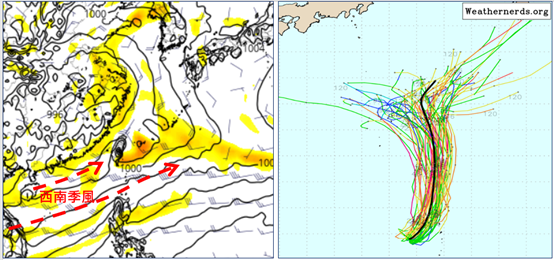 ▲▼最新(25日20時)歐洲模式(ECMWF)30日20時模擬圖顯示，季風環流的西南風進入台灣附近，大氣不穩定。（圖／洩天機教室）