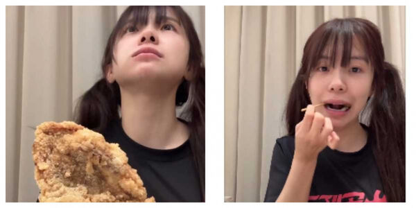 毫無偶像包袱！李多慧一邊吃雞排一邊搞怪比手勢，粉絲大讚超可愛。（圖／Threads@le_dahye）