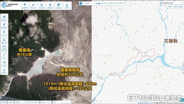 ▲▼新生堰塞湖座標及距馬太鞍部落距離。（圖／花蓮分署提供，下同）