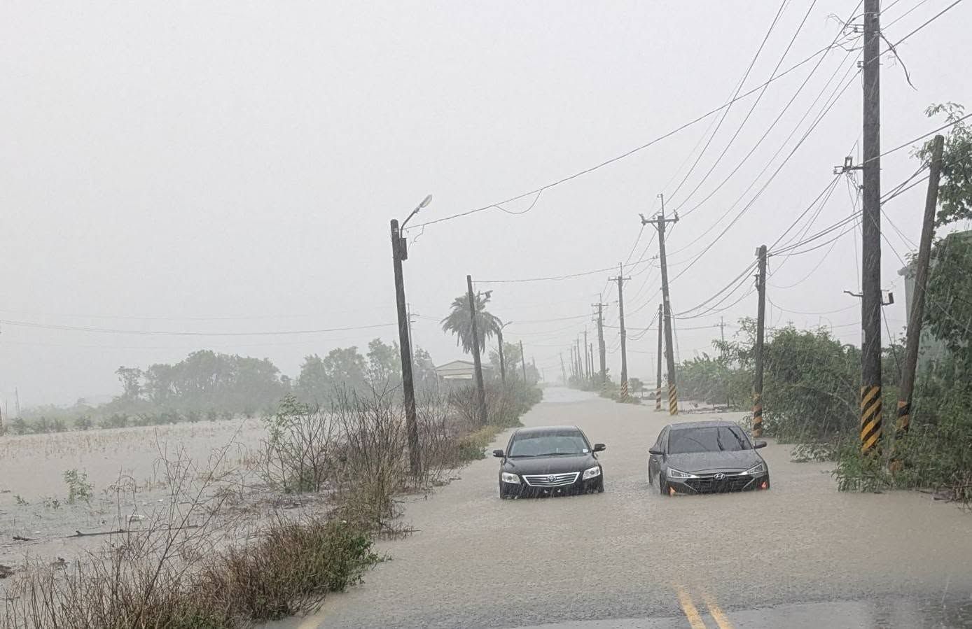 ▲立法院經濟委員會安排嘉義縣考察，車隊經過鄉道嘉22線時遭遇淹水拋錨，水的高度超過半個輪胎。（圖／翻攝自Facebook／王育敏）