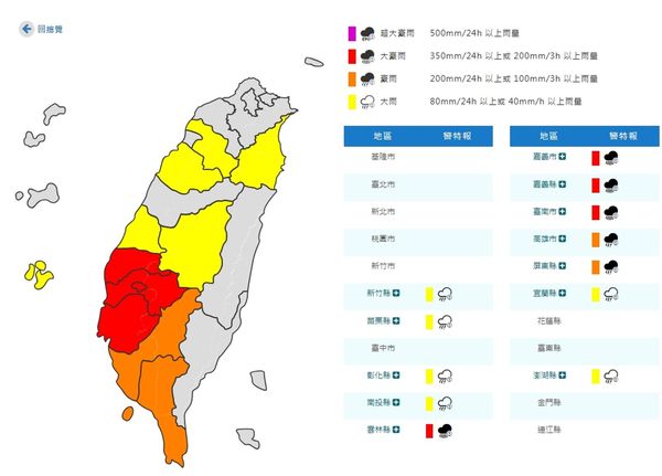中央氣象署發布豪雨特報。（翻攝自中央氣象署官網）