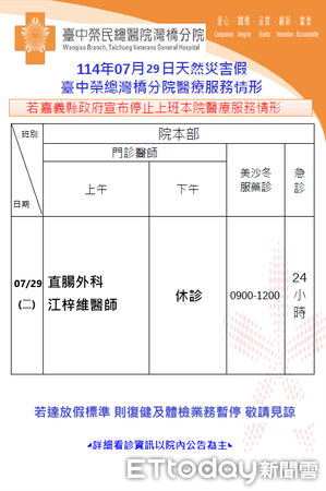 ▲▼台中榮灣橋分院7/29醫療服務時段調整資訊 。（圖／台中榮灣橋分院提供）