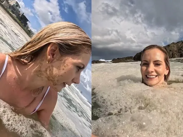 ▲▼網美南非沙灘開心晨泳「被屎水泡沫包圍」　臉上殘留不明物體。（圖／翻攝michelleskyhayward）