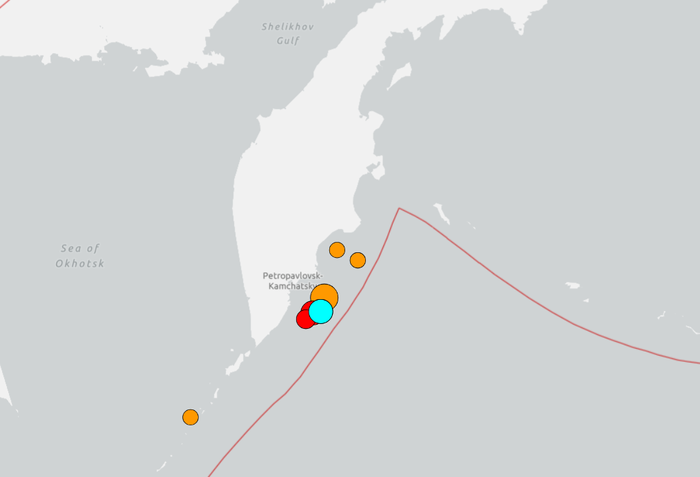 ▲▼即／俄羅斯外海8.7強震後「又連4震」！。（圖／USGS）