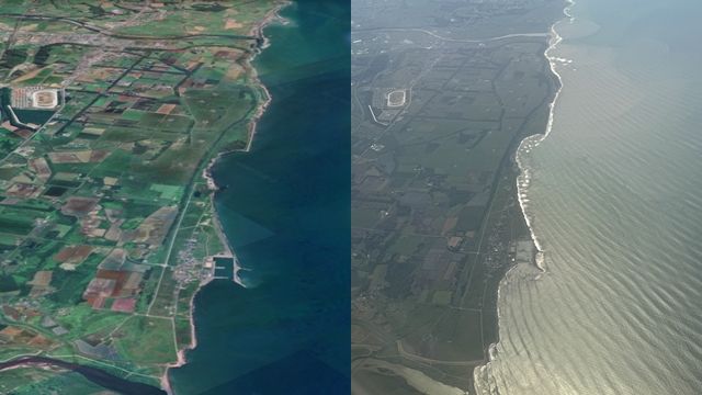 ▲▼日本網友比較北海道苫小牧海岸在海嘯發生前（左）與後（右）的變化。（圖／翻攝自X@INUYAMA_IY15）