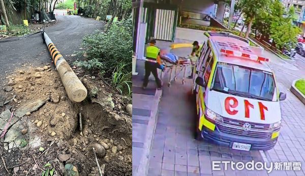 ▲吊臂車勾到電線導致電線桿倒下砸中行人。（圖／記者唐詠絮翻攝）