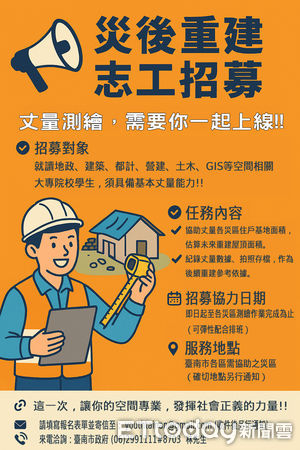▲颱風丹娜絲重創台南多處民宅，市府號召專業志工深入災區丈量支援。（記者林東良翻攝，下同）