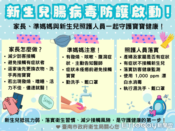 ▲台南市衛生局提醒，社區腸病毒流行以伊科病毒11型為主，家長與照護人員應落實防疫措施。（記者林東良翻攝）