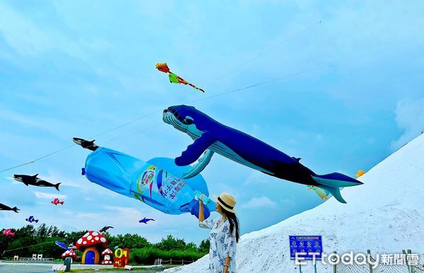 ▲七股鹽山風箏嘉年華推出15公尺以上的巨型海洋風箏，展演視覺壯闊吸睛。（記者林東良翻攝，下同）