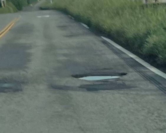 ▲伸港防汛道路被豪大雨炸出20個大小坑洞。（圖／賴清美提供）