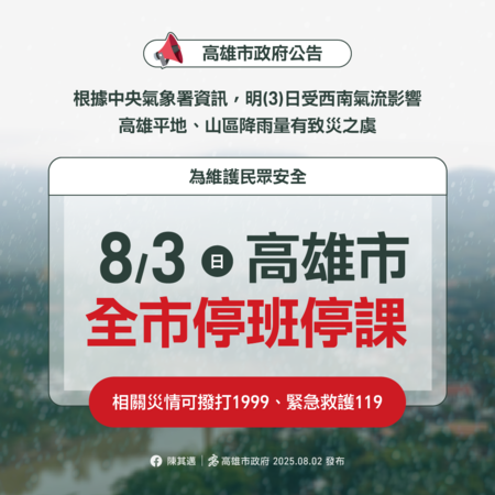 ▲高雄8/3全市停班停課。（圖／高雄市政府提供）