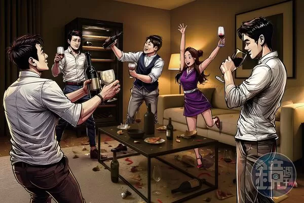 郭岱琦借住朋友家，卻找來其他朋友開趴，把屋子弄得亂七八糟。（AI繪圖Adobe Firefly生成，本刊美術組後製）