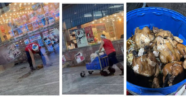 烤雞落地瞬間被路人拍下，引發網路衛生爭議聲浪，店家發布聲明致歉，強調掉落地面的烤雞已全部丟棄於廚餘桶中。（圖／翻攝自《新竹大小事》、店家臉書）