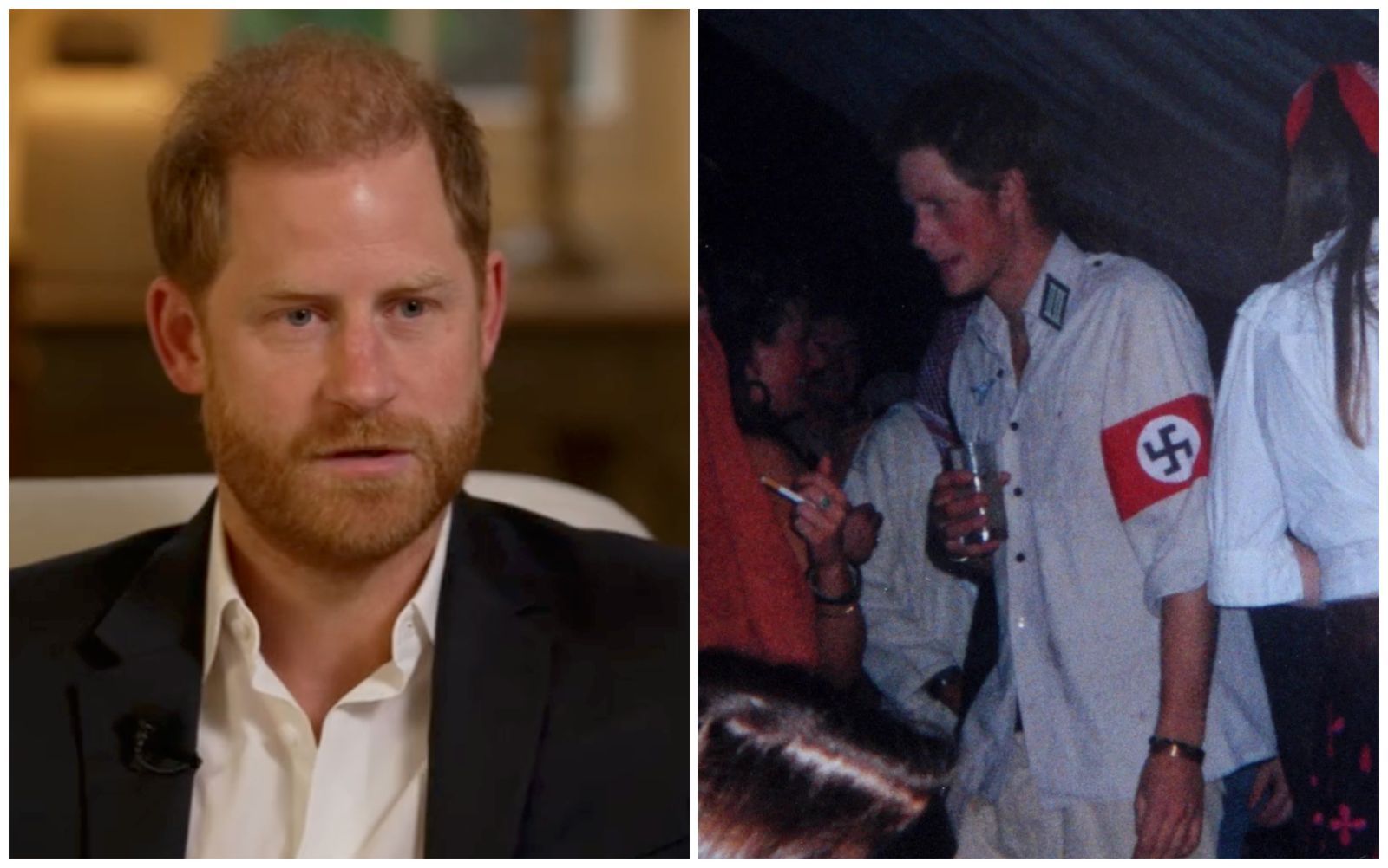 哈利王子20年前曾在派對中穿上納粹軍服（右圖），震驚英國和全世界。（翻攝BBC畫面、X@MeghansMole）