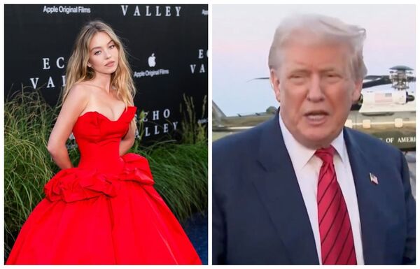 川普（右圖）得知席妮史威尼（左圖）是共和黨選民後，大讚：「超愛她的牛仔褲廣告。」（翻攝sydney_sweeney IG、X@RapidResponse47）