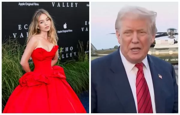 川普（右圖）得知席妮史威尼（左圖）是共和黨選民後，大讚：「超愛她的牛仔褲廣告。」（翻攝sydney_sweeney IG、X@RapidResponse47）