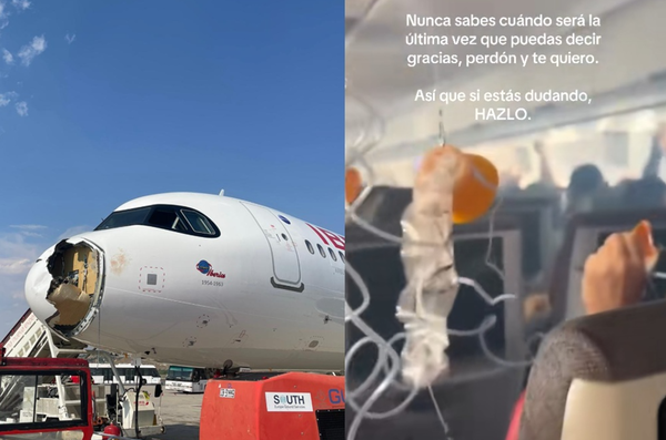 客機頭空中被「大鳥撞出大洞」冒濃煙　乘客崩潰拔氧氣罩畫面曝。（合成圖／翻攝自X與TikTok）