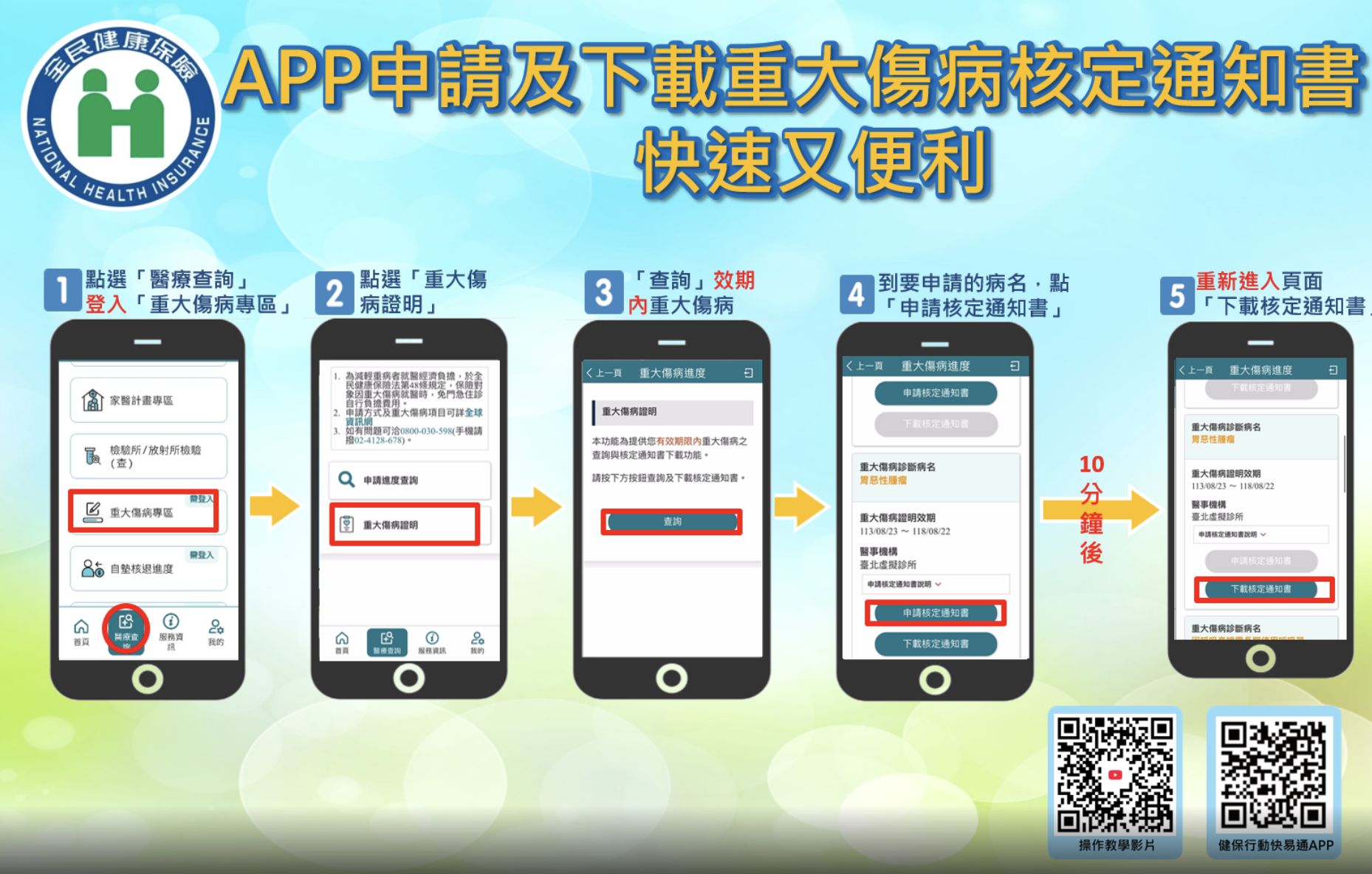 APP申請及下載重大傷病核定通知書。（圖／健保署提供）
