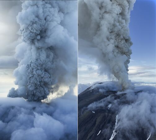 ▲▼2025年8月3日，俄羅斯堪察加半島（Kamchatka Peninsula）克拉舍寧尼科夫火山（Krasheninnikov Volcano）噴發的空中俯瞰景象。（圖／達志影像／美聯社）