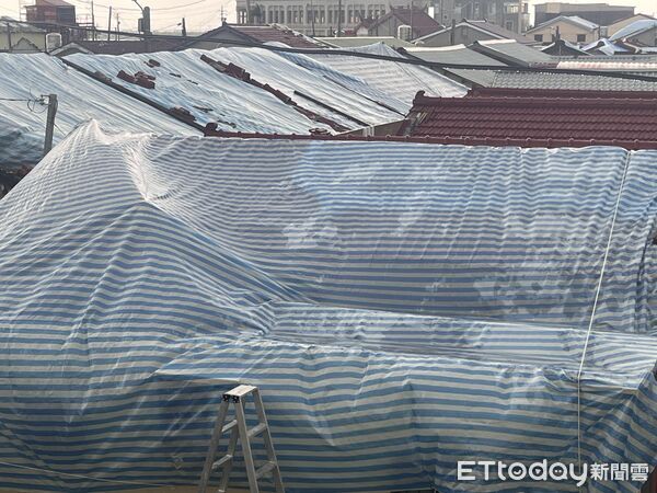 ▲七股西寮里以塑膠帆布覆蓋受損的屋頂，然連日大雨讓帆布積水下陷。（圖／記者蘇晏男攝）