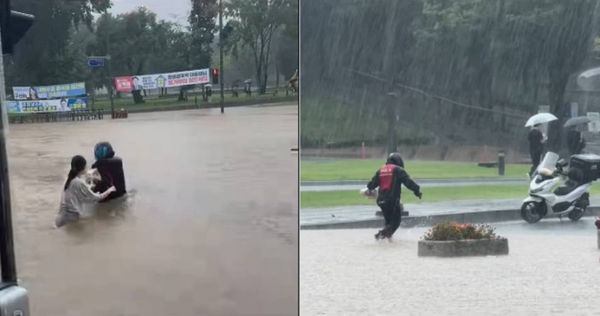 南韓一名外送員穿越水深及腰的淹水地區去商家門口取餐，畫面曝光感動數百萬人。（圖／翻攝自Instagram／gloforok）