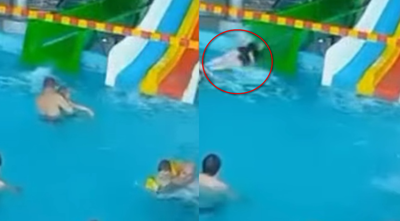 爸無視滑水道人員警告　抱6歲兒被女高速飛踢「肝臟爆裂」送醫