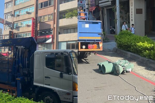 ▲▼ 高雄大貨車「爆頭」紅綠燈！吊臂忘收釀禍　燈桿歪腰慘狀曝。（圖／記者賴文萱翻攝）