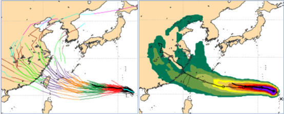 ▲▼楊柳颱風下週三、四通過台灣北部海面，個別模擬路徑則在兩側、相當分散。（圖／洩天機教室）