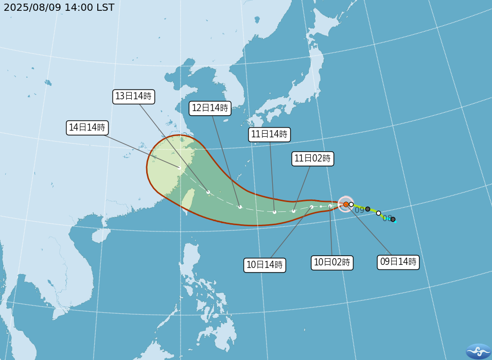 ▲▼楊柳颱風下午2時最新位置及路徑預測。（圖／氣象署提供）