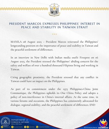 ▲▼菲律賓外交部新聞稿，再次重申總統小馬可仕（Ferdinand Romualdez Marcos Jr., PBBM）高度重視台灣海峽和平與穩定的立場。（圖／翻攝IG／@dfaphl）