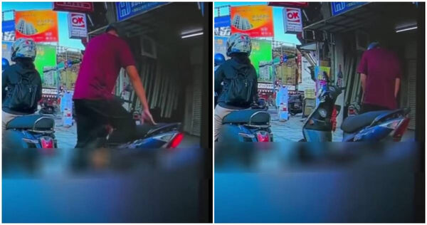 近日有民眾在台南街頭，目擊一名機車騎士，竟然趁等紅燈的時候跳下機車，褲頭一拉就開始當街撒尿。（圖／翻攝畫面）