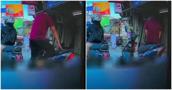 近日有民眾在台南街頭，目擊一名機車騎士，竟然趁等紅燈的時候跳下機車，褲頭一拉就開始當街撒尿。（圖／翻攝畫面）