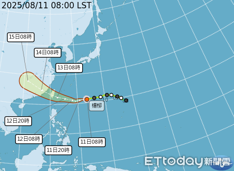 ▲▼楊柳颱風預估路徑。（圖／氣象署提供）