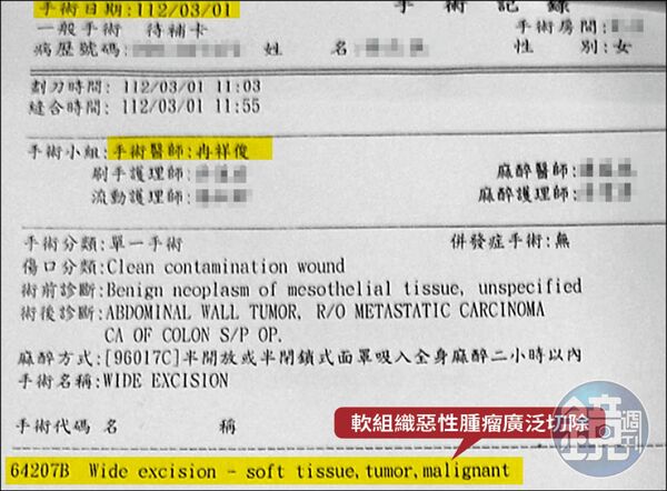 耕莘醫院2023年3月1日的紀錄指Ａ小姐是進行「軟組織惡性腫瘤廣泛切除」。（當事人提供）
